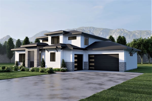 2-story modern white house 3d model 2-4 bedrooms with mountains and blue sky in the background