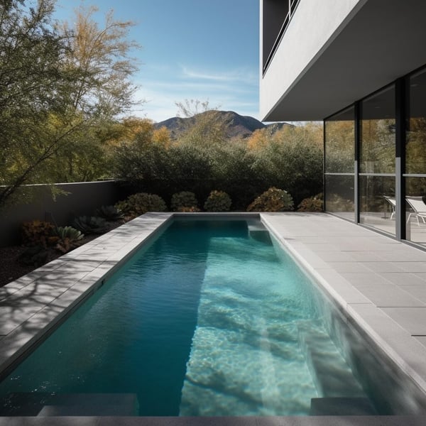 A modern luxury house with pool with a mountain setting and blue sky in background