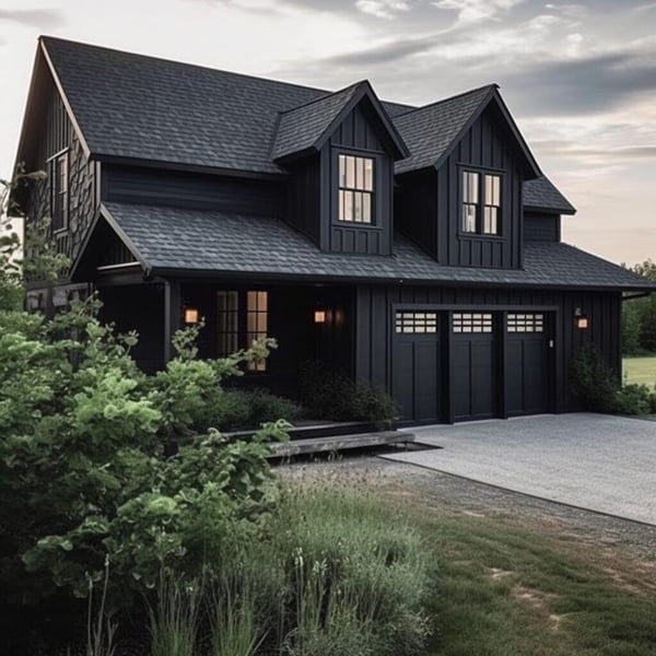 A black modern farmhouse with farmhouse board and batten vinyl siding