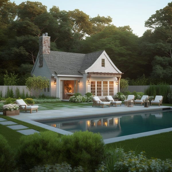 a pool house with traditional pool and nice landscaping