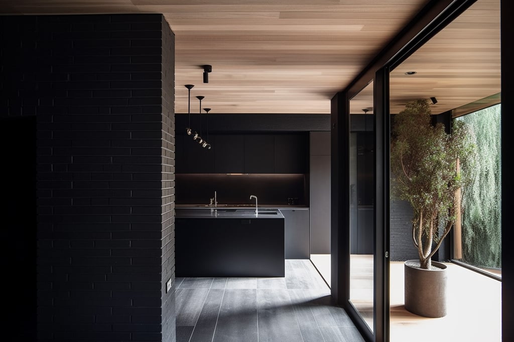 Modern black home interior with black brick