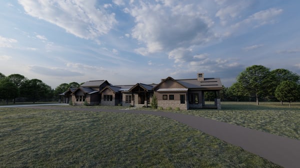 Modern 3D house rendering featuring exposed wood accents and a black roof and exterior features.