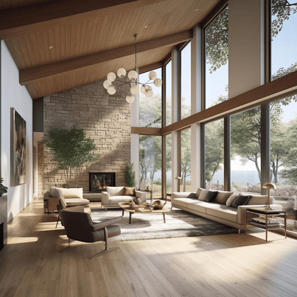 a stone fireplace surround in a mid century modern home