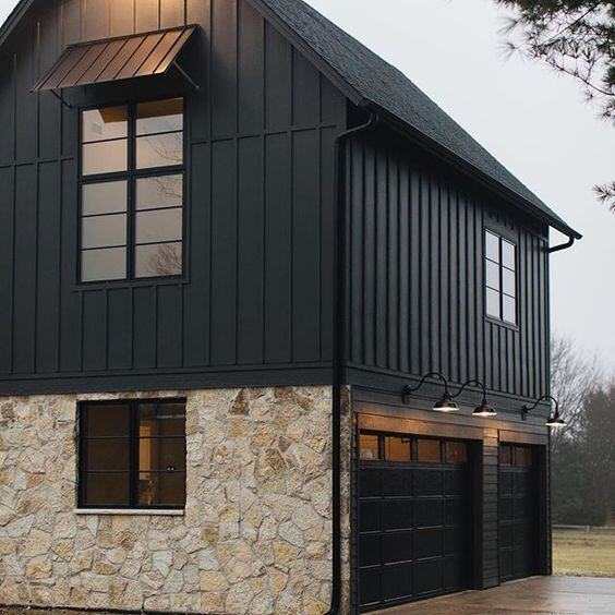 Black board and batten exterior with stone accent material and modern features