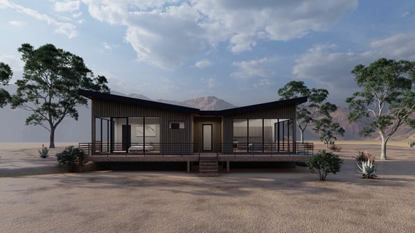 Rendering of a brown modern tiny home eco lodge with a desert Zion landscape and background.