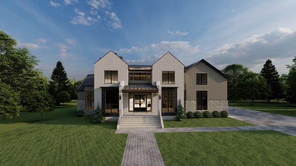 A 2 story 5 bedroom house plans as a 3d house rendering with attached garage and covered porch.