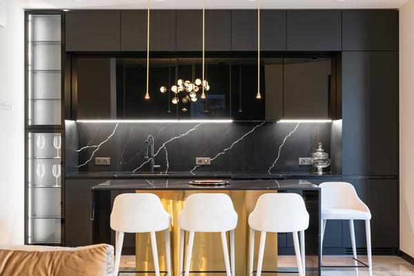 A modern kitchen with black interior design features