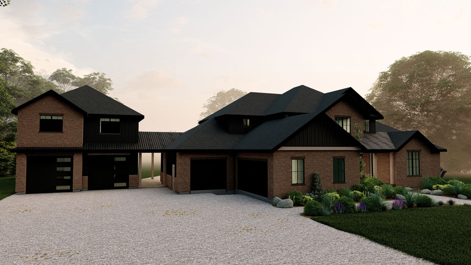 A modern brown house rendering with a green frontyard, gravel driveway, and misty background